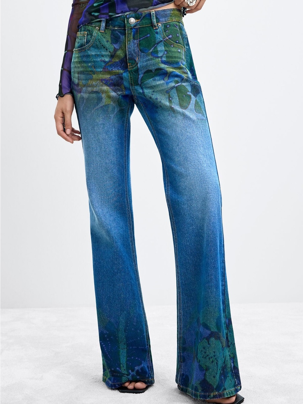 Desigual Blue & Green Printed Flare Jeans